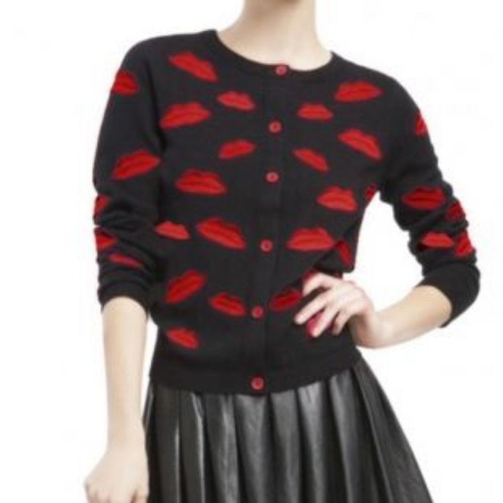 Alice+ Olivia Embroidered Red Lips Print Cardigan Valentine's Day Sweater S